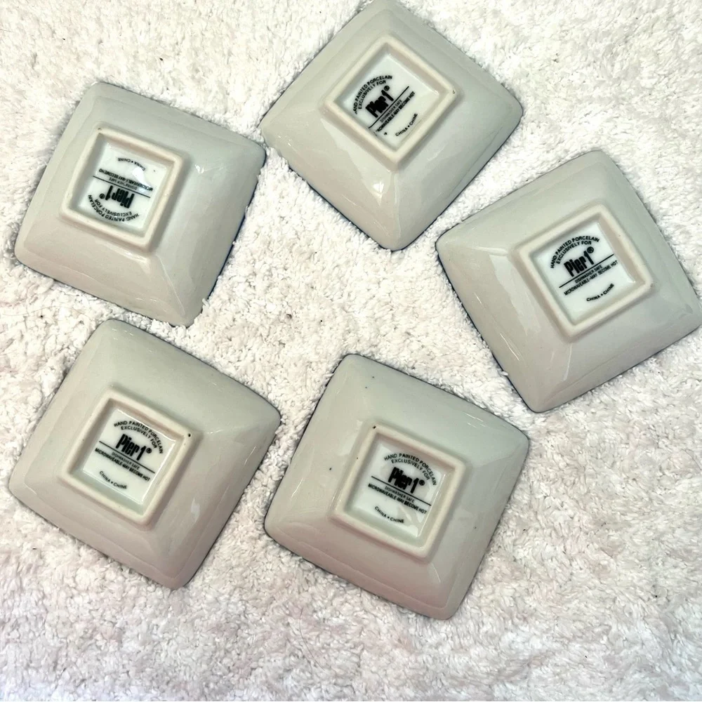 PIER 1 Hand Painted Porcelain Blue floral small square dish set of 5